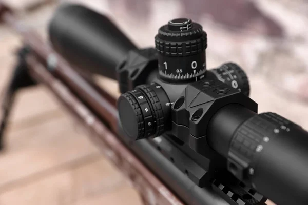 Closeup View Modern Powerful Sniper Rifle Telescopic Sight Blurred Background —  Fotos de Stock