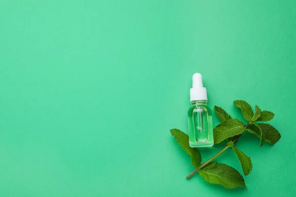 Bottle Essential Oil Mint Green Background Flat Lay Space Text — Stockfoto