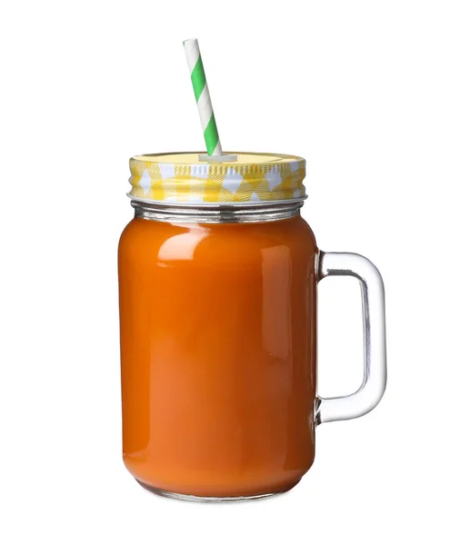 Fresh Carrot Juice Mason Jar Straw White Background — Stock Photo, Image