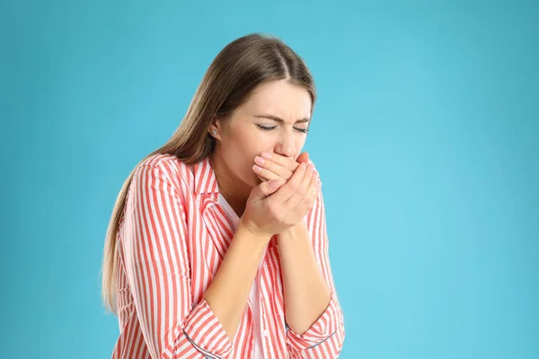 Woman Suffering Nausea Light Blue Background Space Text Food Poisoning — 스톡 사진