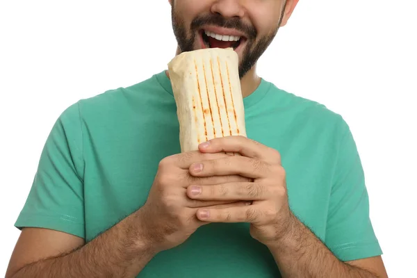 Young Man Eating Tasty Shawarma Isolated White Closeup —  Fotos de Stock