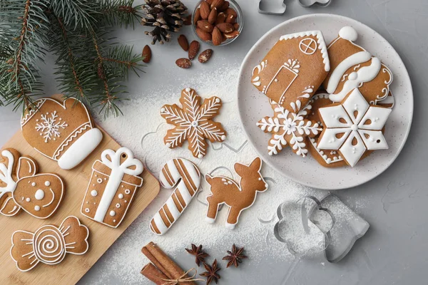 Flat Lay Composition Delicious Homemade Christmas Cookies Grey Table — Stock Photo, Image