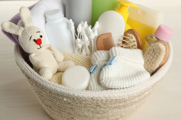 Wicker Basket Full Different Baby Cosmetic Products Bathing Accessories Toy — Foto de Stock