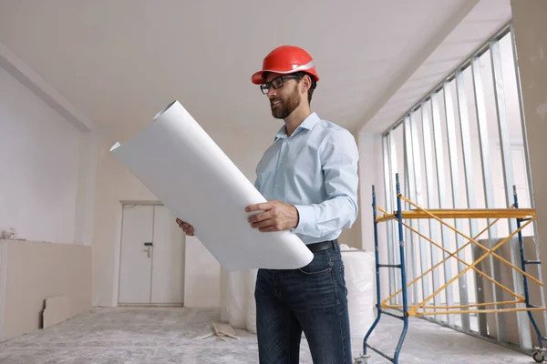 Professional engineer in hard hat with draft indoors