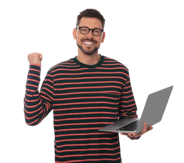 Smiling Man Laptop White Background — 스톡 사진
