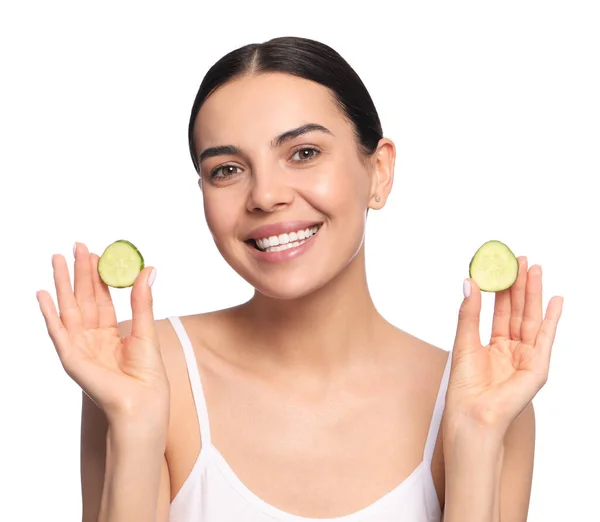 Beautiful Young Woman Slices Cucumber White Background — Stockfoto