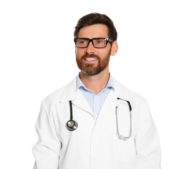 Porträt Eines Arztes Mit Stethoskop Auf Weißem Hintergrund — Stockfoto