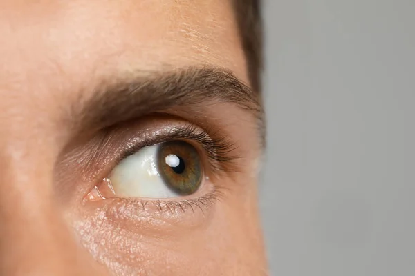 Handsome Adult Man Grey Background Closeup Eye Space Text — Stockfoto