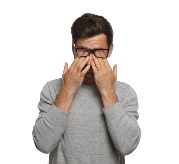 Man Suffering Eyestrain White Background — Stock Fotó