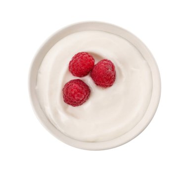 Bowl of delicious yogurt with raspberries isolated on white, top view