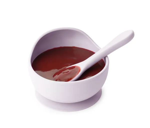 Bowl Spoon Tasty Pureed Baby Food Isolated White — Stock Photo, Image