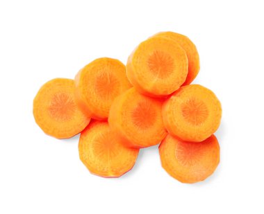 Slices of fresh ripe carrot on white background, top view