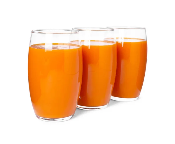 Three Glasses Fresh Carrot Juice White Background — Stockfoto