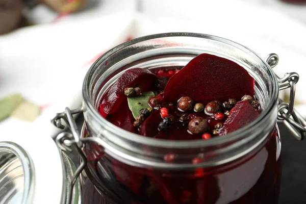 Pickled Beets Glass Preserving Jar Table Closeup — Stock Photo, Image