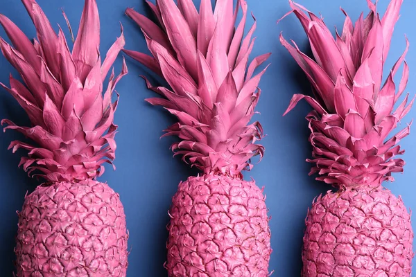 Pink Pineapples Blue Background Flat Lay Creative Concept —  Fotos de Stock