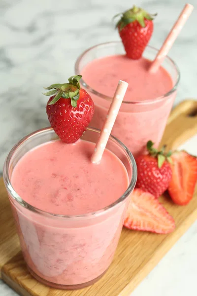 Tasty Strawberry Smoothies Glasses Wooden Board Closeup — Stock Fotó