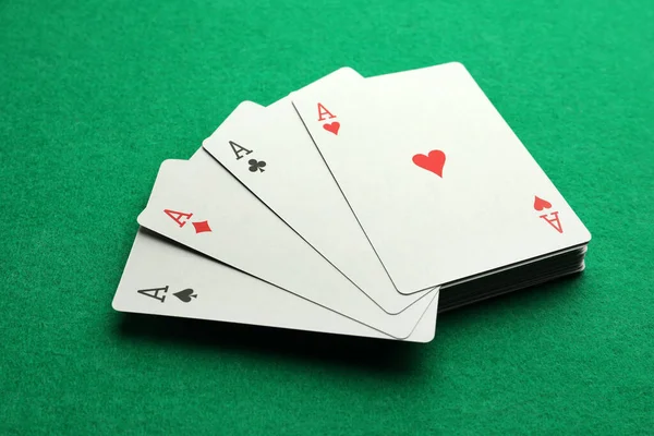 Four Aces Playing Cards Green Table Closeup Poker Game — Foto de Stock