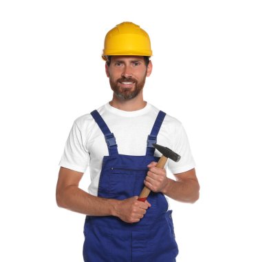 Professional builder in uniform with hammer isolated on white