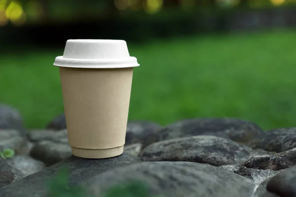 Cardboard Takeaway Coffee Cup Lid Stones Outdoors Space Text — Photo