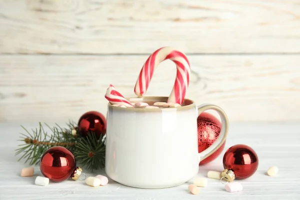 Cup Tasty Cocoa Marshmallows Candy Cane Christmas Decor White Wooden — 图库照片