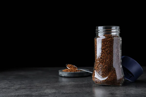 Glass Jar Spoon Instant Coffee Grey Table Black Background Space — Foto de Stock