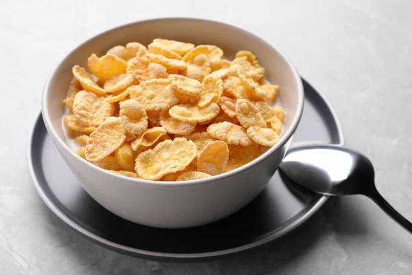 Tasty Cornflakes Milk Served Light Grey Table — Zdjęcie stockowe