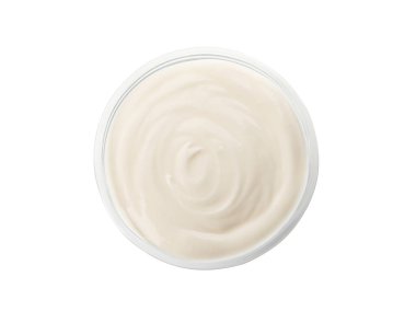 Bowl with delicious organic yogurt isolated on white, top view