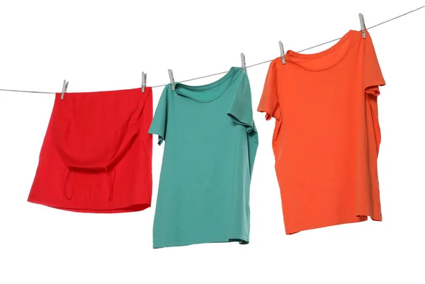 Different Bright Clothes Drying Washing Line White Background — 스톡 사진