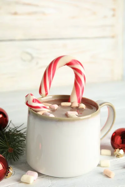 Cup Tasty Cocoa Marshmallows Candy Cane Christmas Decor White Wooden — Stockfoto