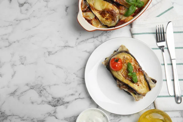 Delicious Eggplant Lasagna Served White Marble Table Flat Lay Space — Photo