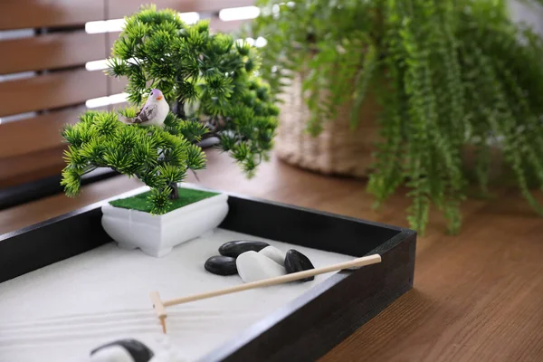 Beautiful Miniature Zen Garden Wooden Table Closeup — Stock fotografie