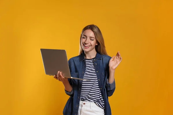 Portrait Young Woman Modern Laptop Yellow Background — Photo