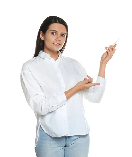 Beautiful Young Woman Pointing Something Pen White Background Weather Forecast — Fotografia de Stock