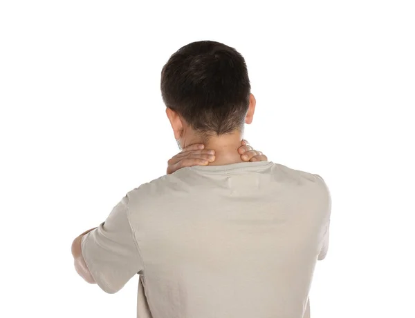 Man Suffering Neck Pain White Background Back View — Stockfoto
