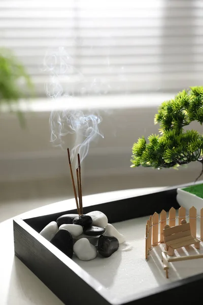 Hermoso Jardín Zen Miniatura Con Varillas Incienso Mesa Interior — Foto de Stock