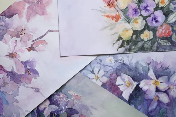 Paper Sheets Beautiful Floral Watercolor Paintings Closeup — Stockfoto