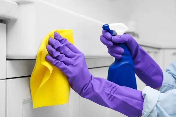 Woman Cleaning White Surface Rag Detergent Indoors Closeup — 스톡 사진
