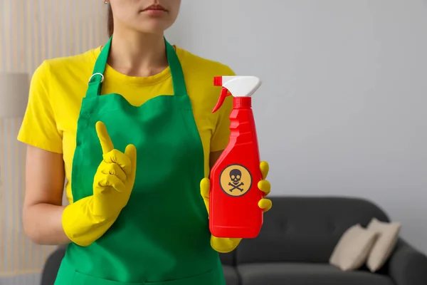 Woman Showing Bottle Toxic Household Chemical Warning Sign Closeup — Stok fotoğraf