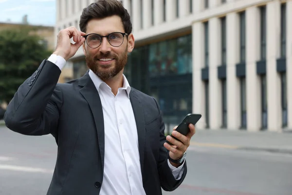Handsome Businessman Smartphone City Street Space Text — Fotografia de Stock