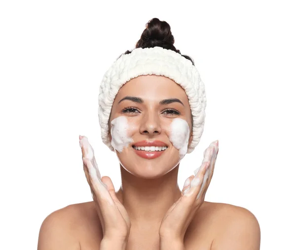 Beautiful Woman Applying Facial Cleansing Foam White Background — Foto de Stock