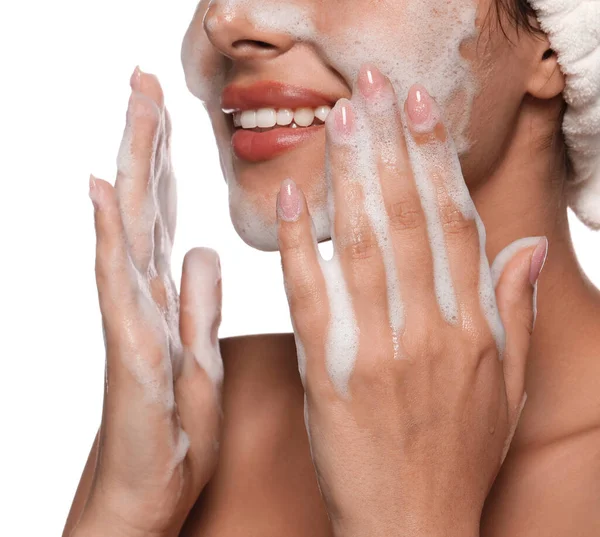 Beautiful Woman Applying Facial Cleansing Foam White Background Closeup — Stock fotografie