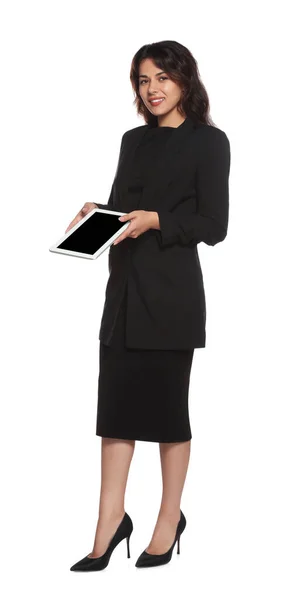 Full Length Portrait Hostess Uniform Tablet White Background — Fotografia de Stock