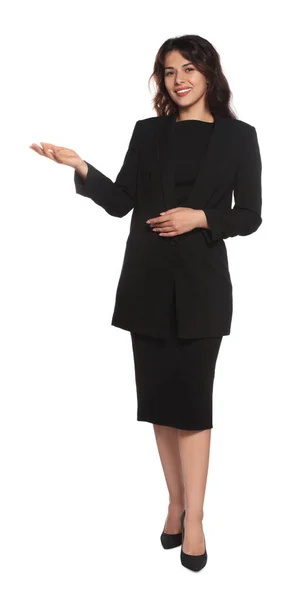 Full Length Portrait Hostess Uniform White Background — Stockfoto