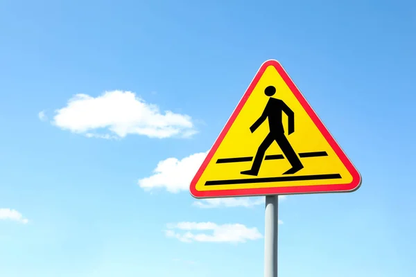 Traffic Sign Pedestrian Crossing Ahead Blue Sky Space Text — 스톡 사진