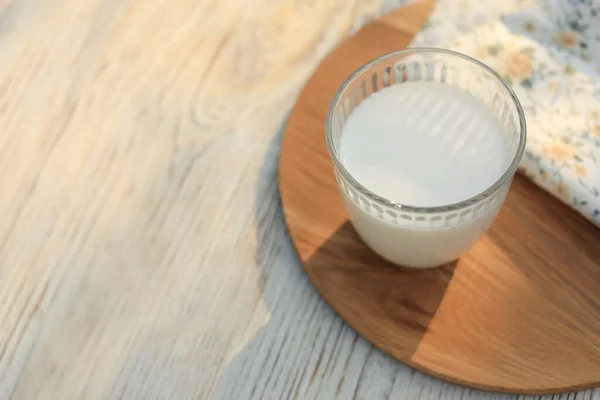 Glass Tasty Fresh Milk White Wooden Table View Space Text — Stock Photo, Image