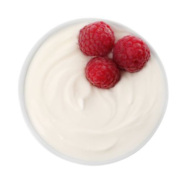 Bowl of delicious yogurt with raspberries isolated on white, top view