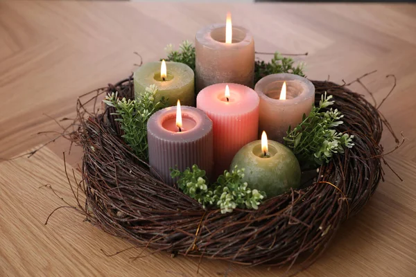 Beautiful Composition Burning Candles Wooden Table Closeup — Fotografia de Stock