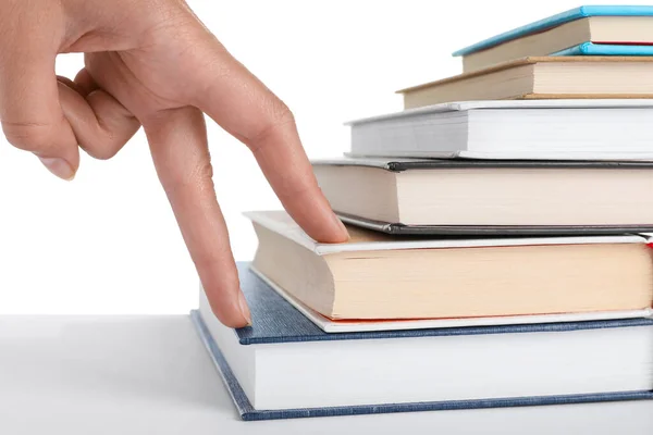 Woman Imitating Stepping Books Her Fingers White Background Closeup — Foto de Stock