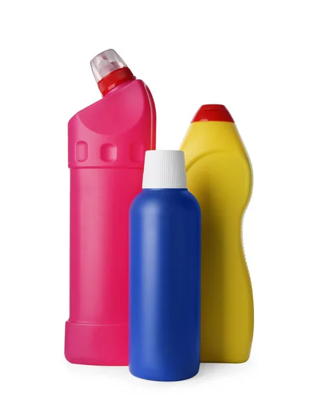Bottles Different Cleaning Supplies White Background — Stockfoto