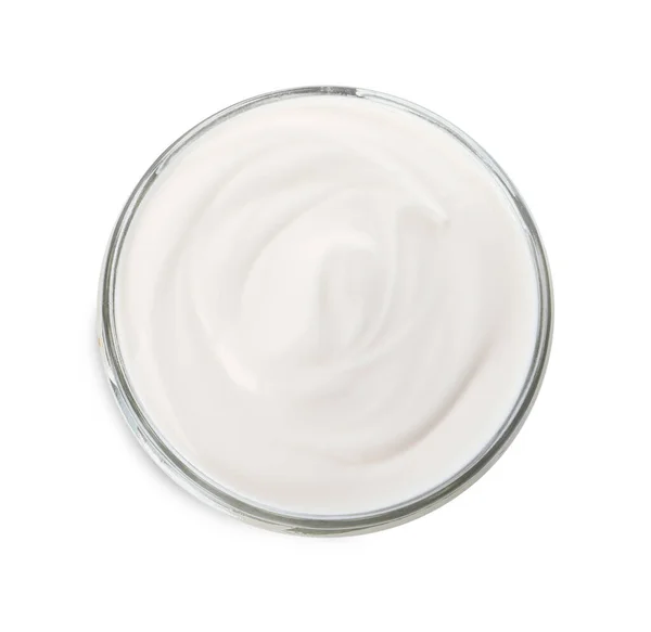 Glass Bowl Delicious Organic Yogurt Isolated White Top View — Foto Stock